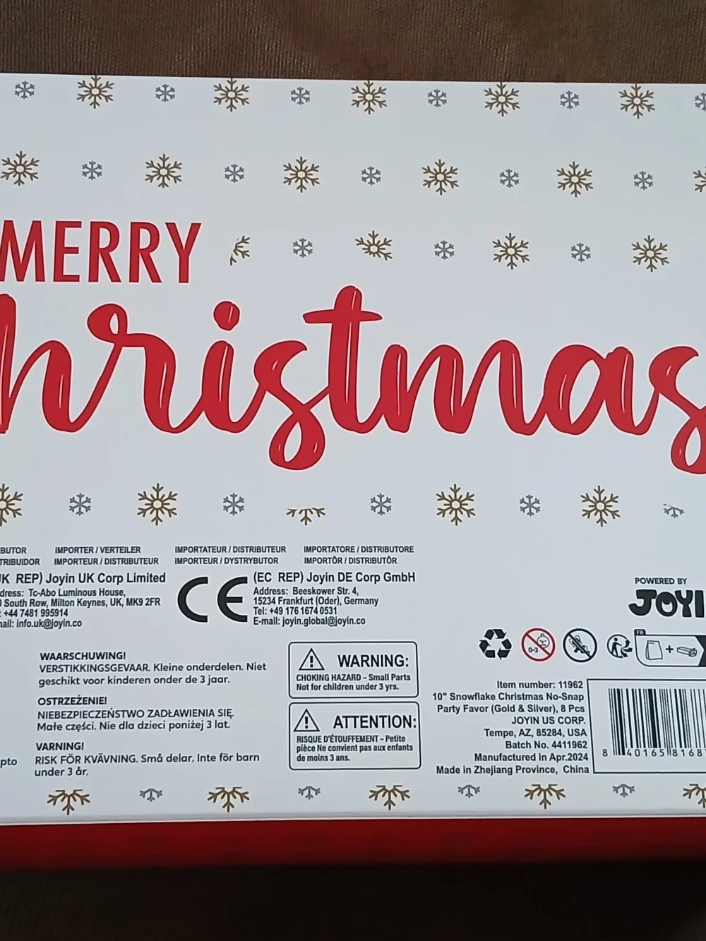 Joyin 10in Gold & Silver Snowflake Party No-Snap Favors - 8 Pack NEW